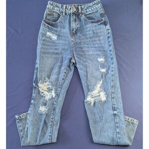 SHEIN Women's Distressed Blue Denim Jeans High‎ Rise Ripped Pockets XS